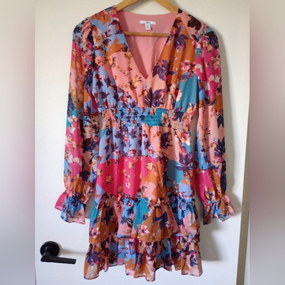 Floral Multicolor Patchwork Style Mini Dress with Ruffles Size XS